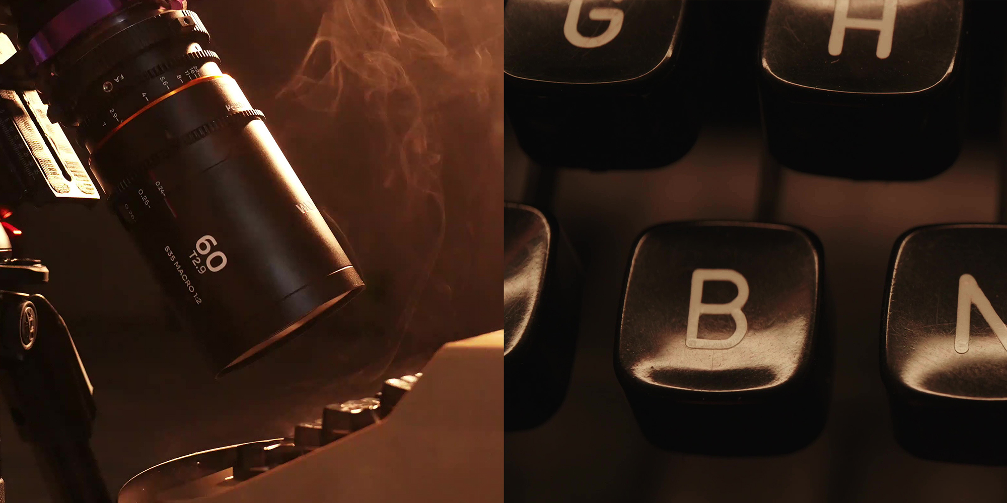 width=100% Obiektyw Laowa Nanomorph 60 mm T2,9 1,5x S35 Macro 1:2 Amber do Arri PL/Canon EF skierowany w stronę maszyny do pisania